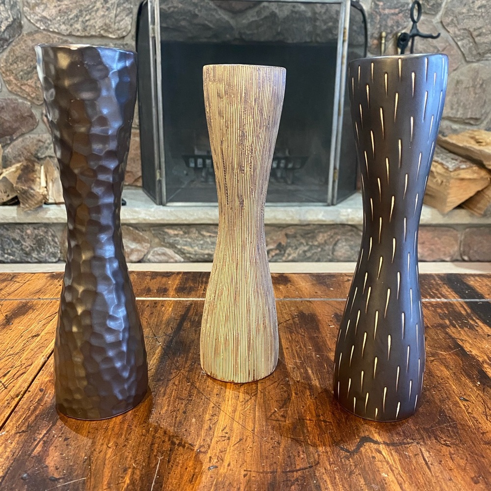 Elegant Ceramic Brown and Cream Candlestick Set